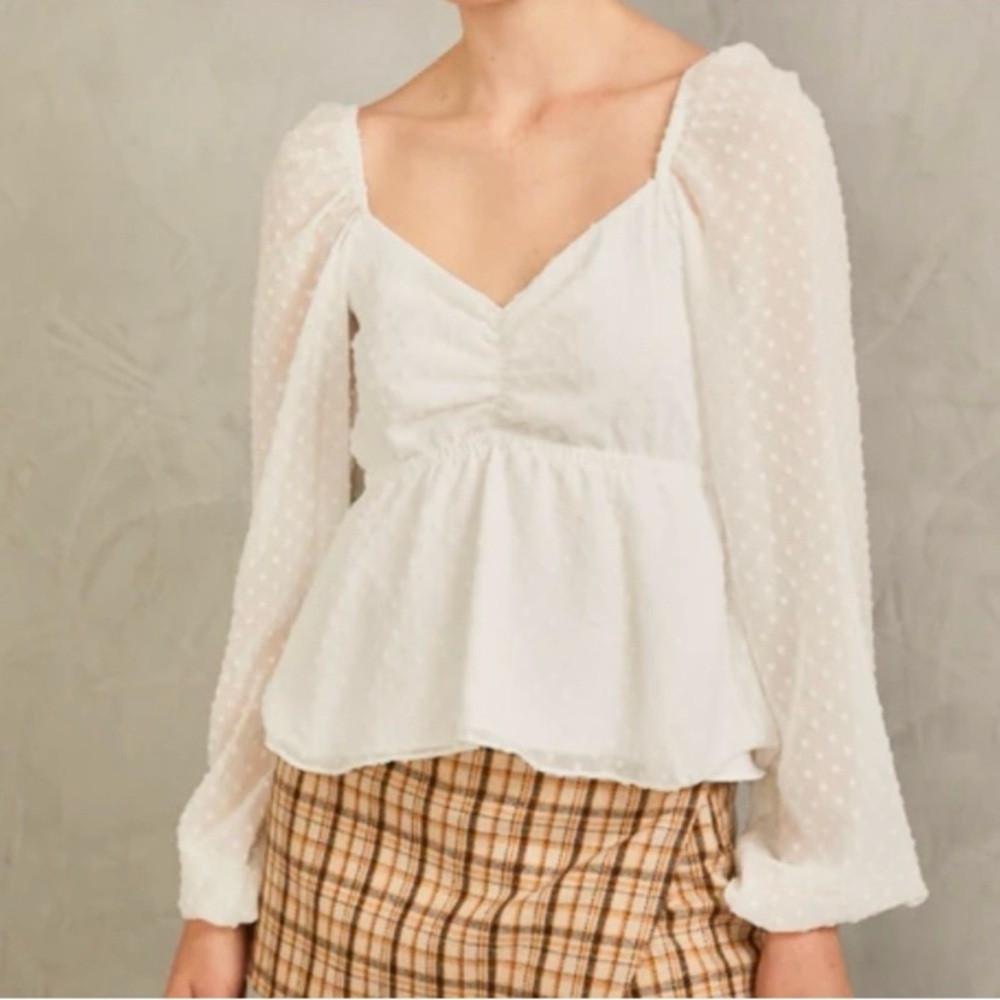 NWOT - Cream Long Sleeved Blouse w/ Polkadot Pattern